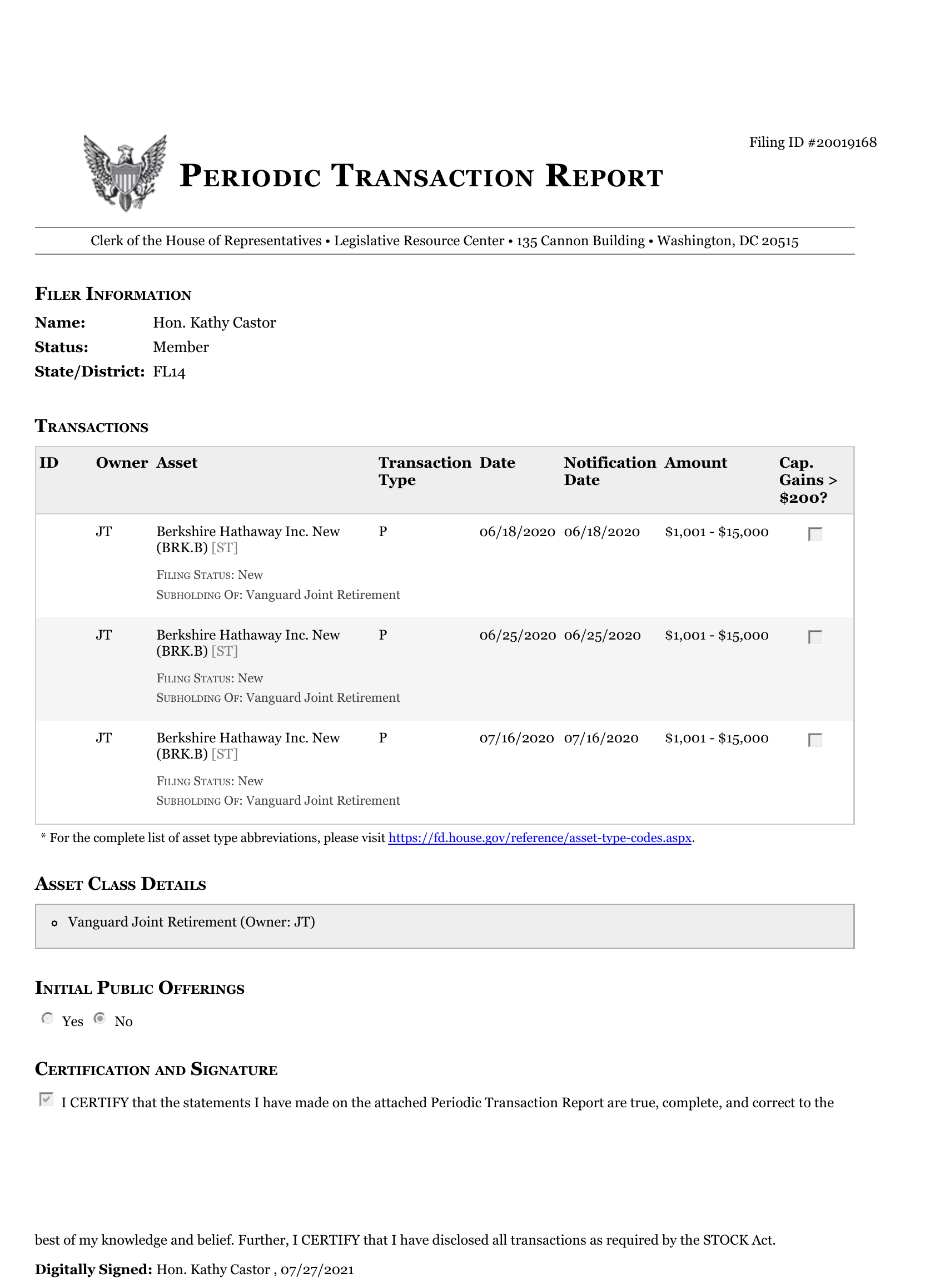 PTR filing #20019168, original, dated July 27, 2021, showing three Berkshire Hathaway purchases dated June and July 2020