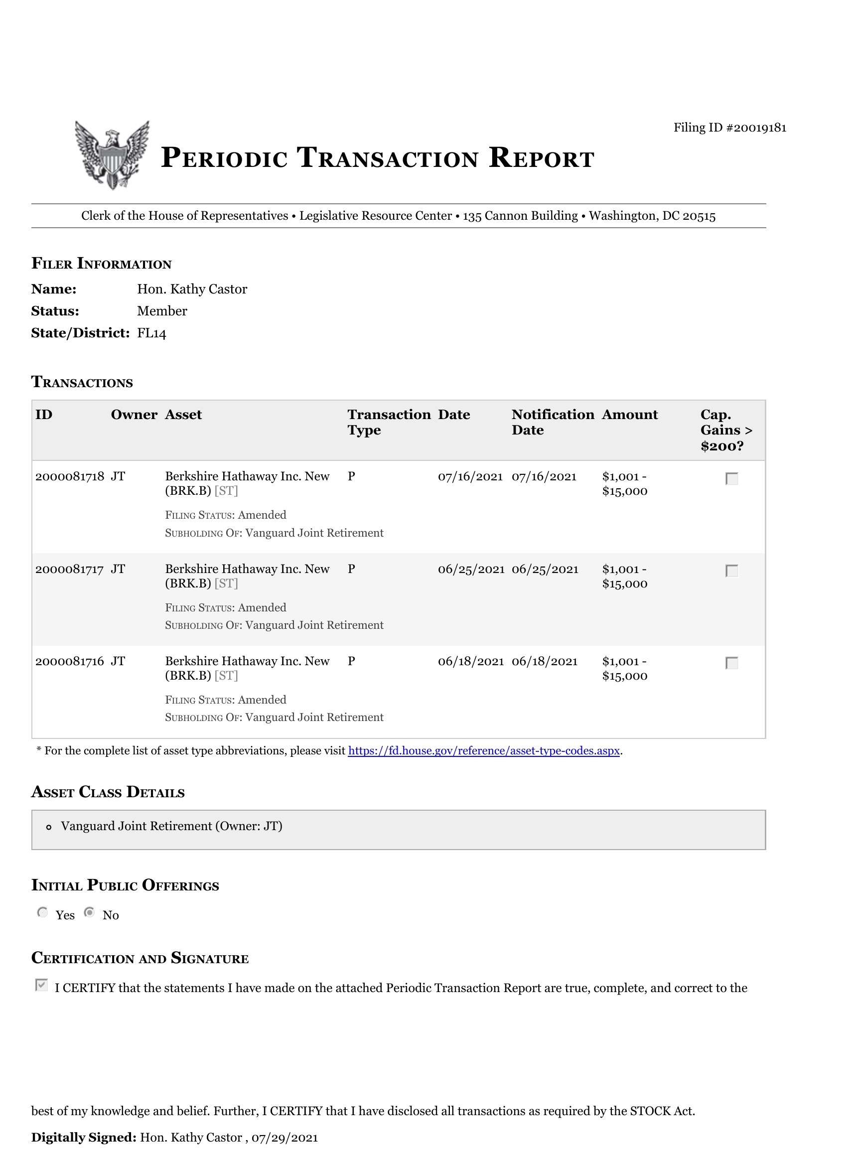 PTR filing #20019181, amended, signed July 29, 2021, showing the same three Berkshire Hathaway purchases with dates moved to 2021